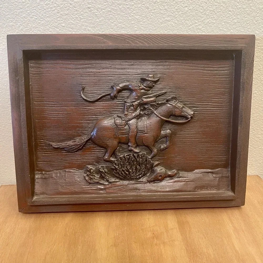 VTG Colorado Carvings Ltd JL Jerome Wood Relief Plaque Western Cowboy & Horse 3D